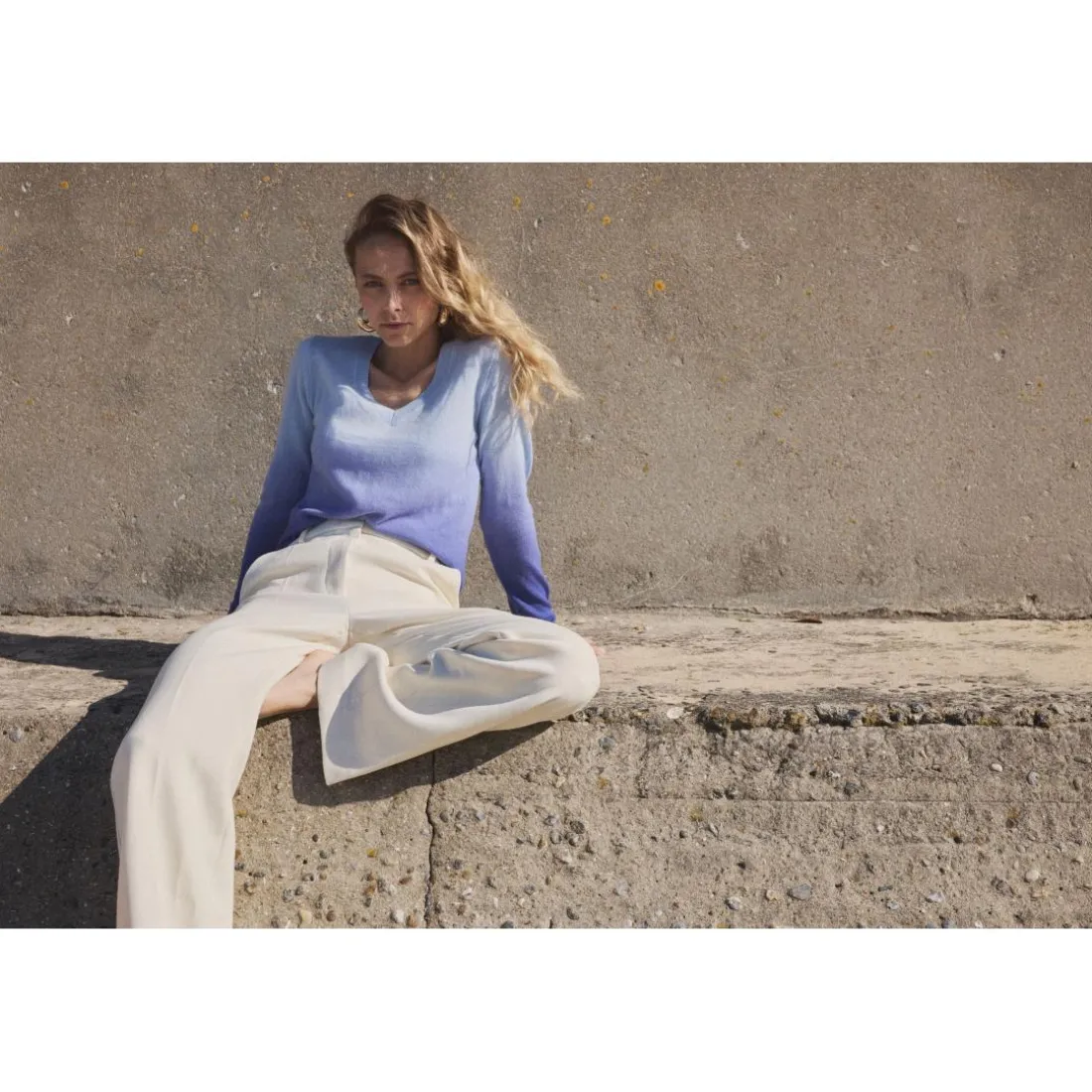 Pull col V dip dye ZIP ZIE en cachemire bleu