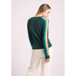 Pull col V manches bandes arc en ciel JAVA en cachemire vert bouteille