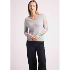Pull col V manches bandes arc en ciel JAVA en cachemire gris perle
