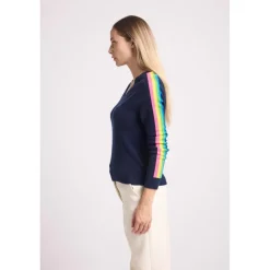 Pull col V manches bandes arc en ciel JAVA en cachemire bleu marine