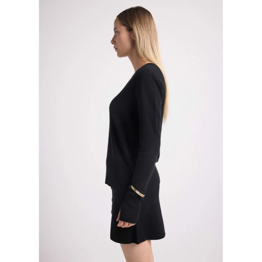 Pull col V manches mitaines ANNA en cachemire noir