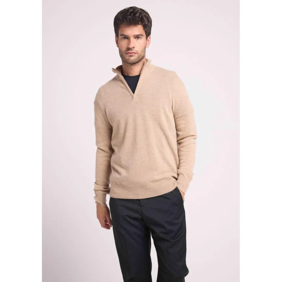 Pull col zippe montant homme ZALMAN en cachemire new beige creme