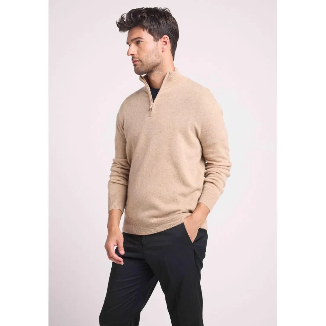 Pull col zippe montant homme ZALMAN en cachemire new beige creme