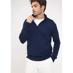Pull col zippe montant homme ZALMAN en cachemire bleu marine