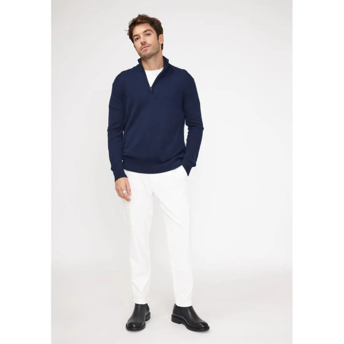 Pull col zippe montant homme ZALMAN en cachemire bleu marine