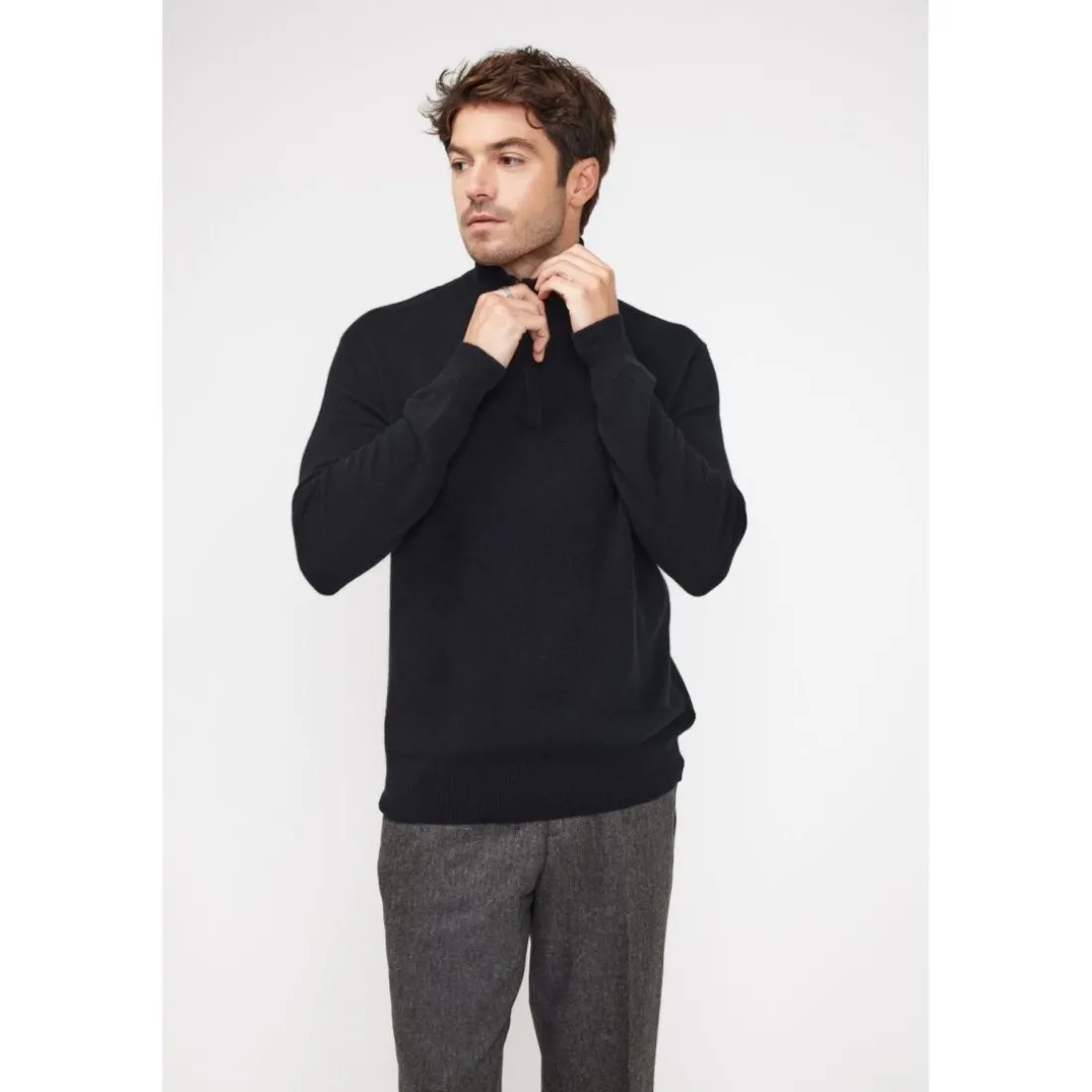 Pull col zippe montant homme ZALMAN en cachemire noir