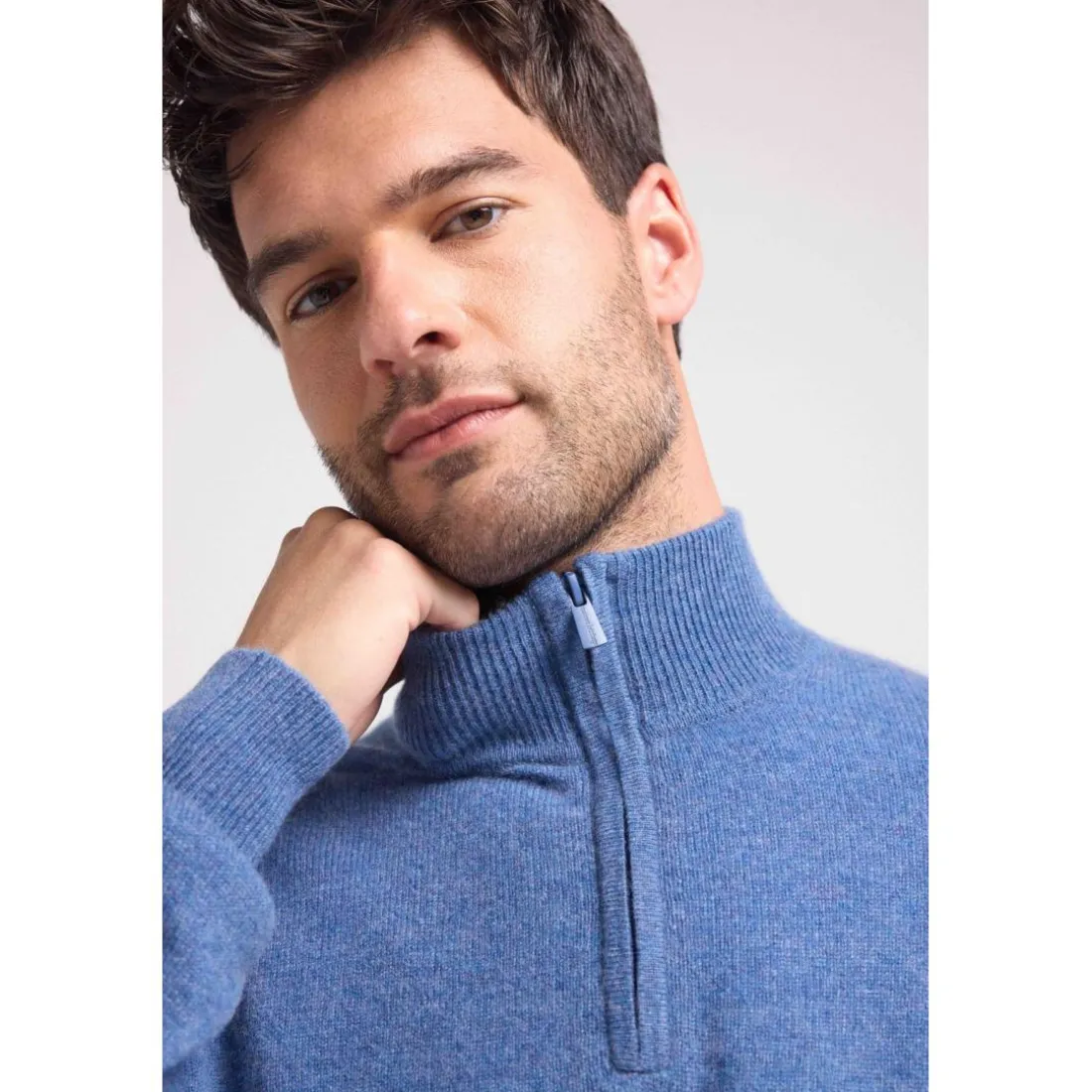 Pull col zippe montant homme ZALMAN en cachemire bleu jean