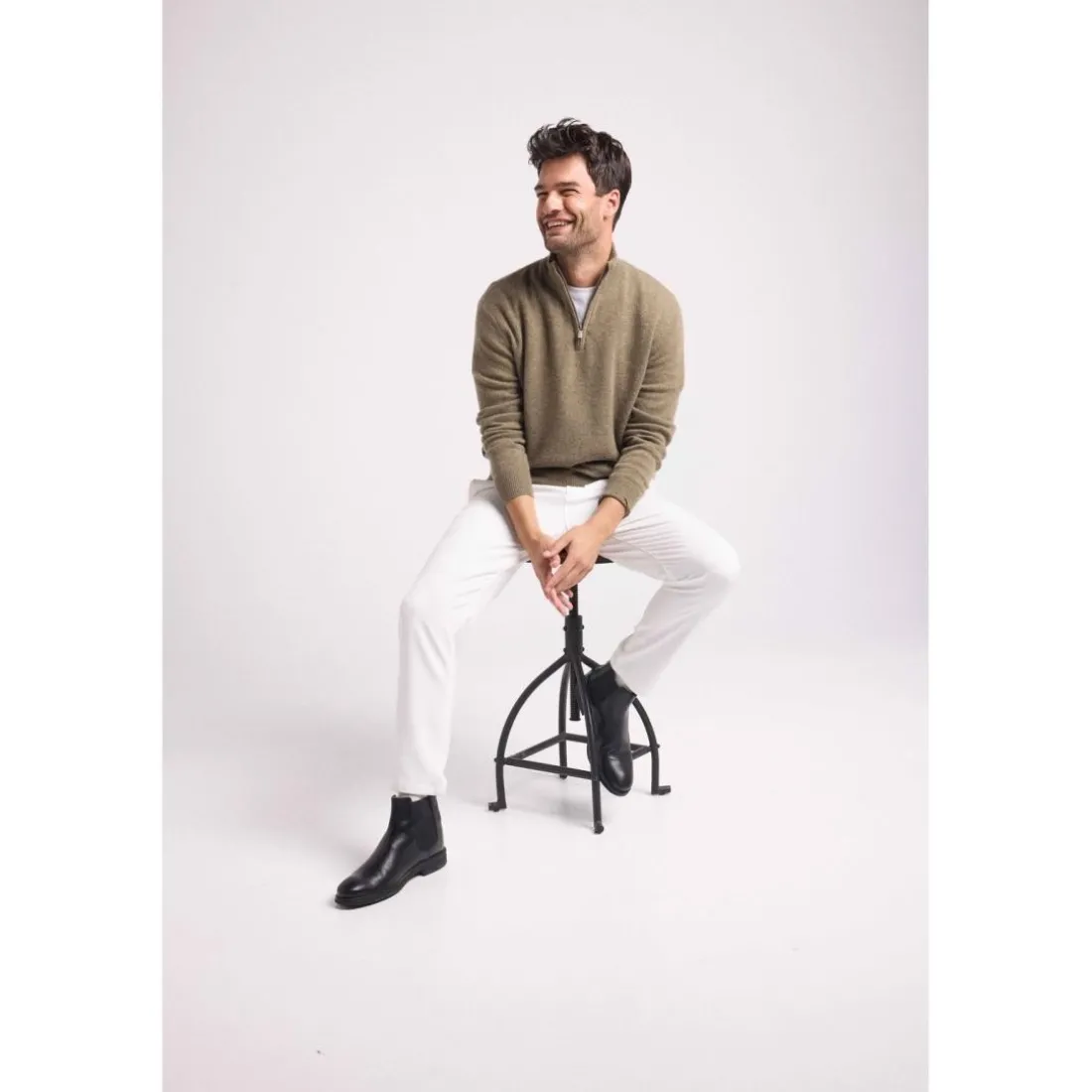 Pull col zippe montant homme ZALMAN en cachemire kaki