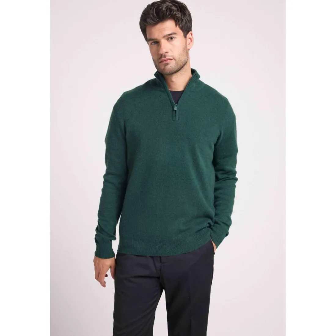 Pull col zippe montant homme ZALMAN en cachemire vert bouteille