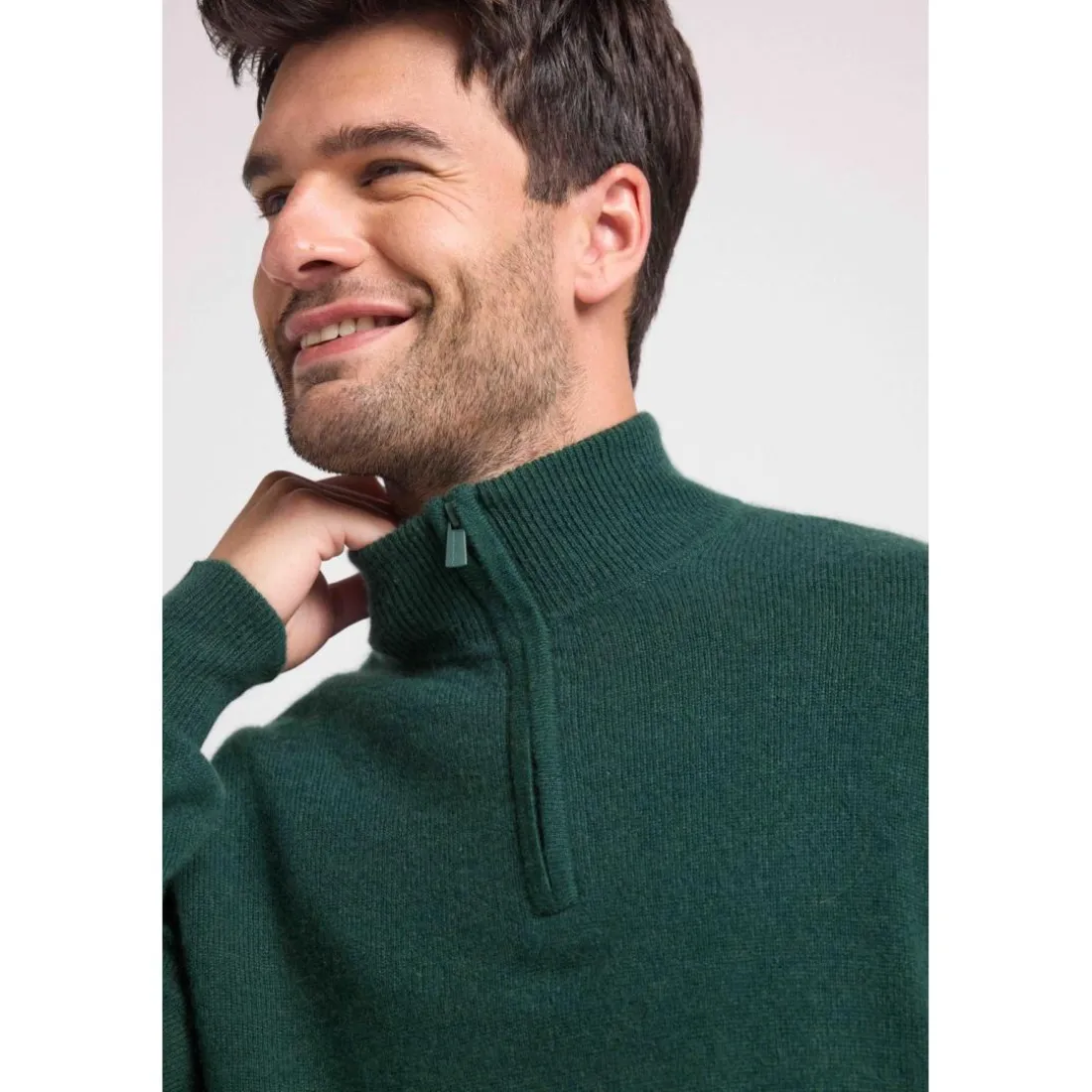 Pull col zippe montant homme ZALMAN en cachemire vert bouteille