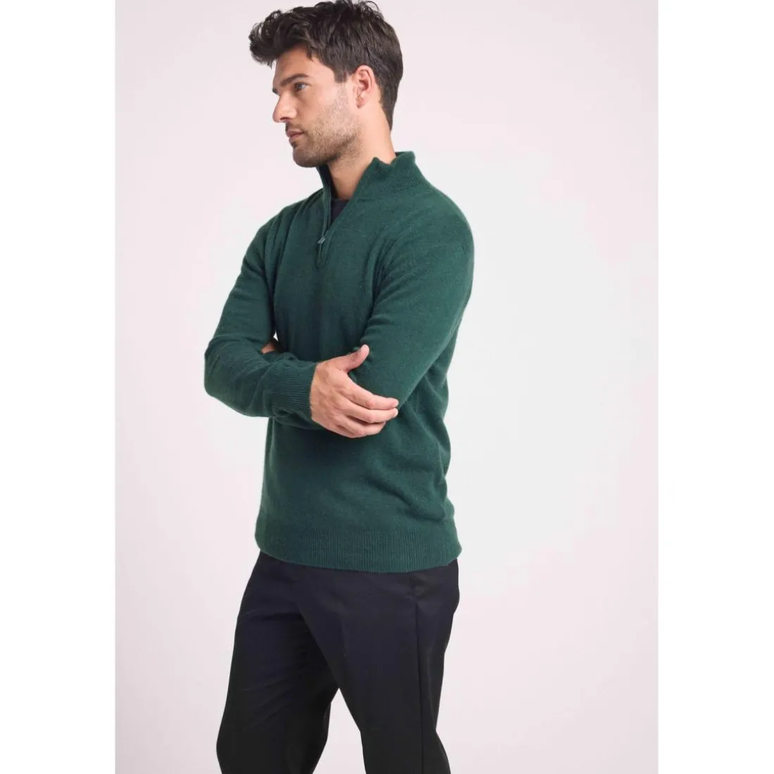 Pull col zippe montant homme ZALMAN en cachemire vert bouteille