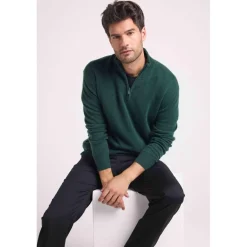 Pull col zippe montant homme ZALMAN en cachemire vert bouteille