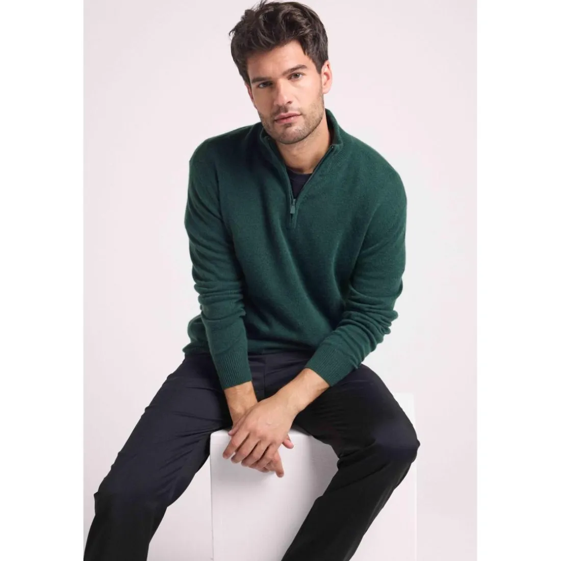 Pull col zippe montant homme ZALMAN en cachemire vert bouteille