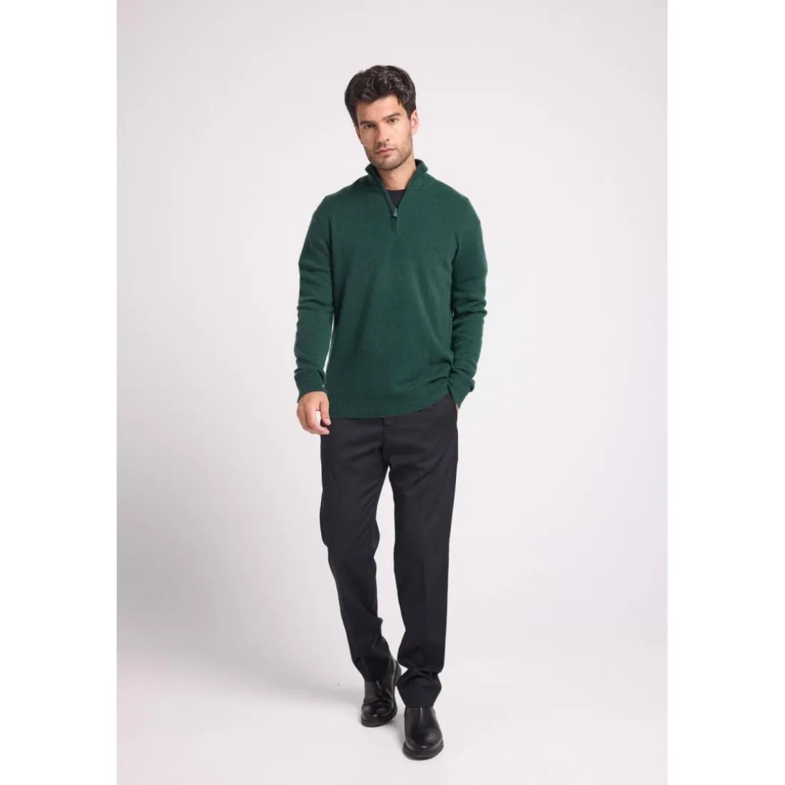 Pull col zippe montant homme ZALMAN en cachemire vert bouteille