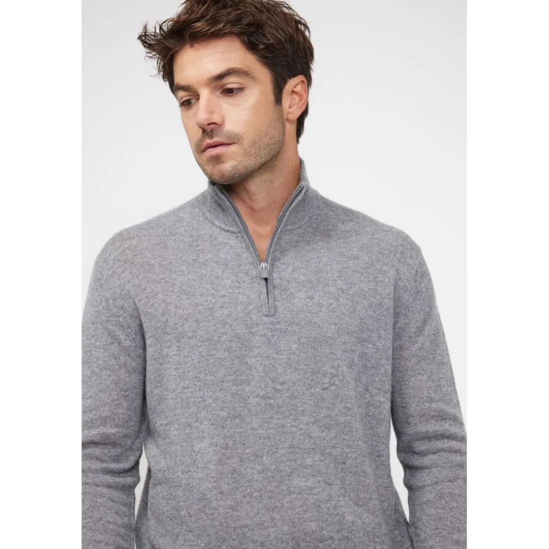 Pull col zippe montant homme ZALMAN en cachemire gris fonce