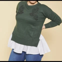 Pull effet 2 en 1 manches longues tissu contrasté et guipure grandes tailles femme - Vert Bouteille