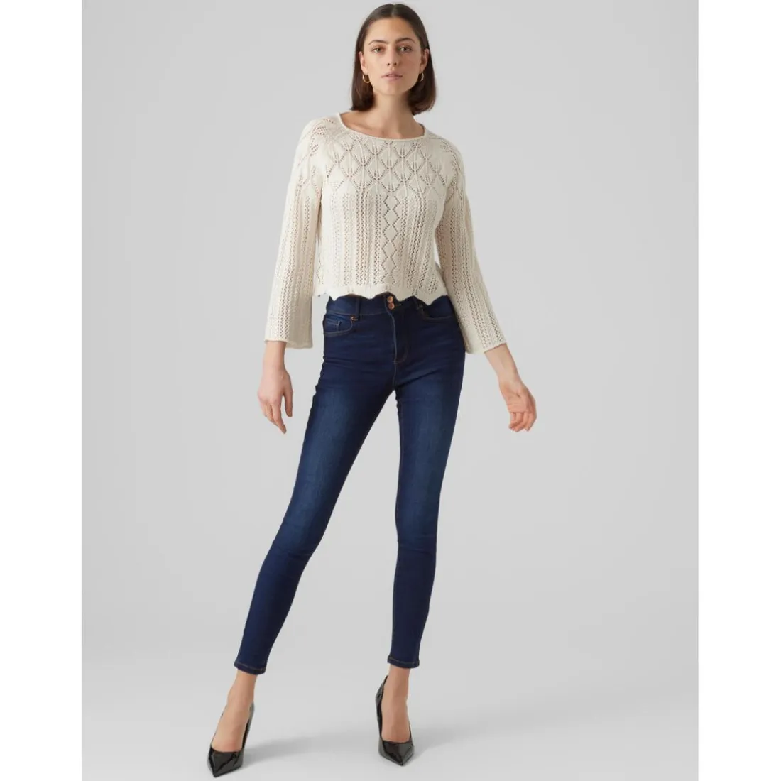 Pull en maille Col bateau Manches 3/4 Court gris