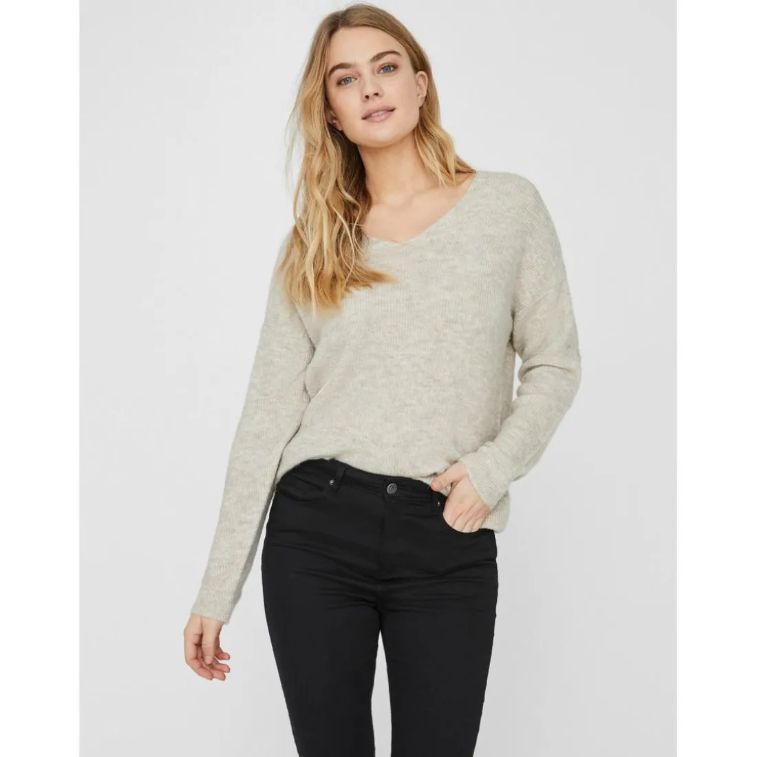 Pull en maille Col en V Manches longues beige Ida