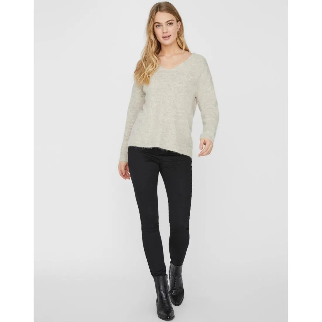 Pull en maille Col en V Manches longues beige Ida