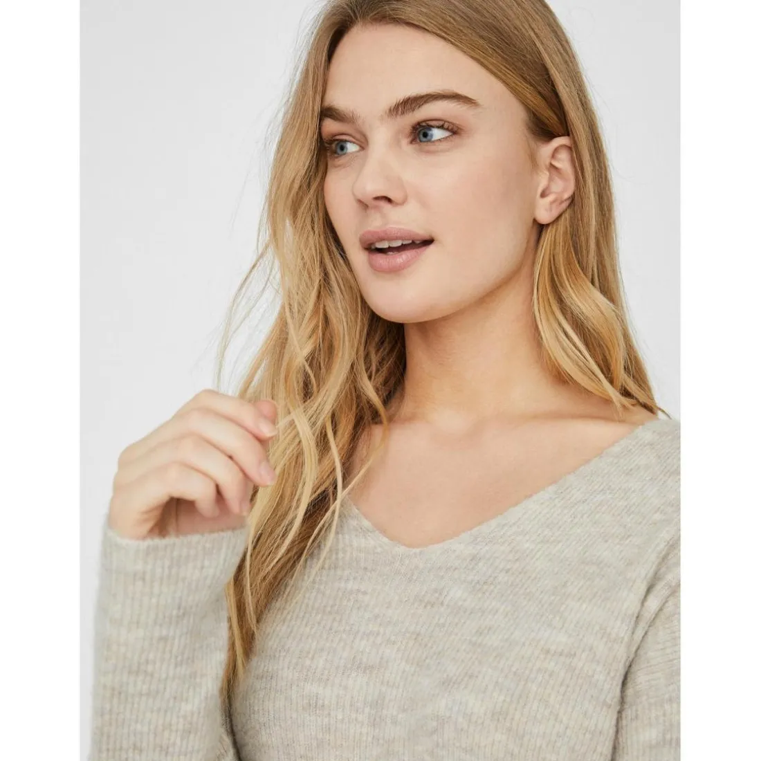 Pull en maille Col en V Manches longues beige Ida