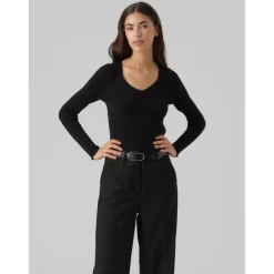 Pull en maille Col en V Manches longues noir Lise