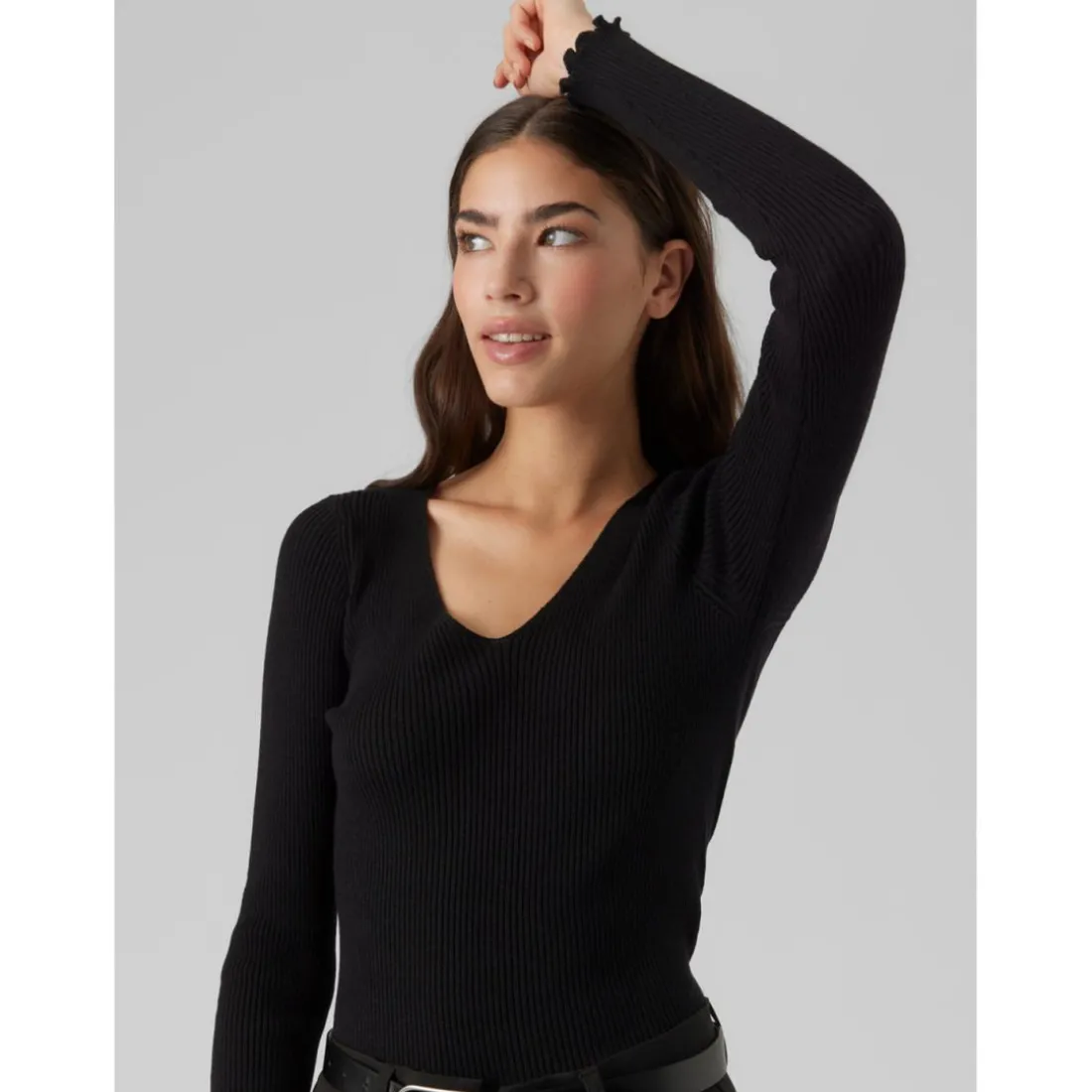 Pull en maille Col en V Manches longues noir Lise