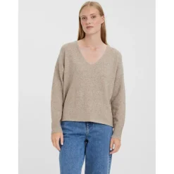 Pull en maille Col en V Manches longues marron Zara