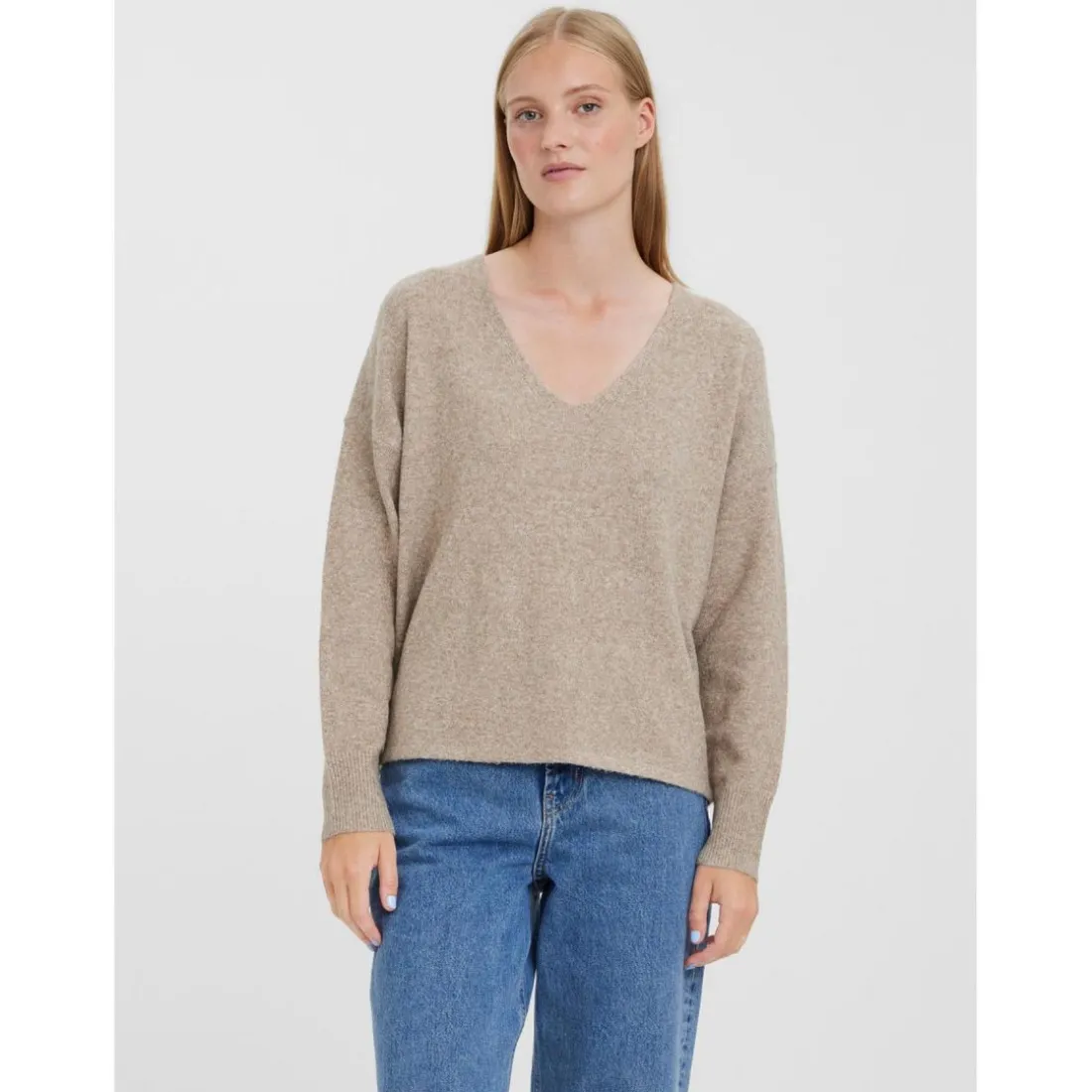 Pull en maille Col en V Manches longues marron Zara
