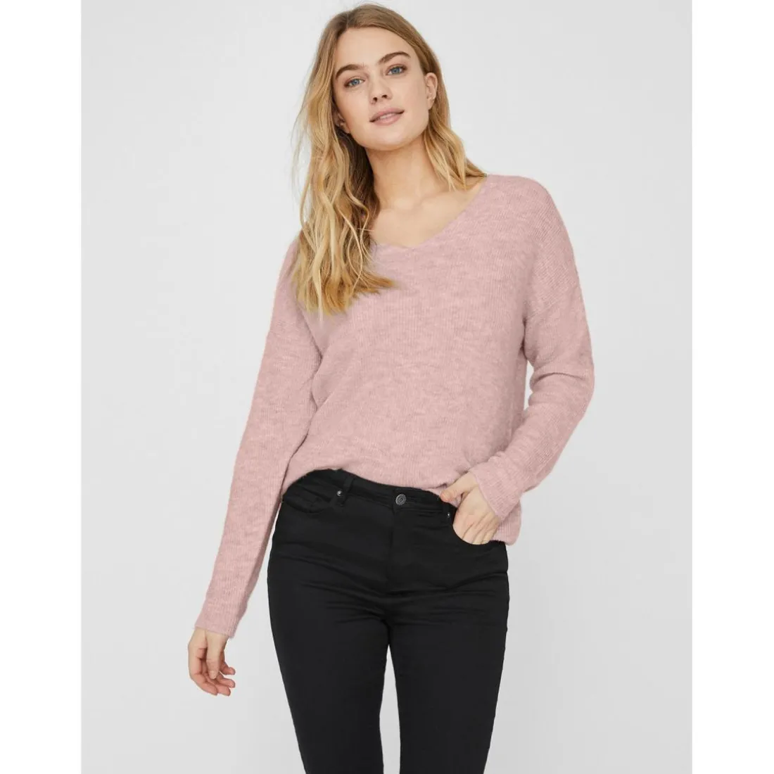 Pull en maille Col en V Manches longues rose Amy