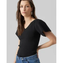 Pull en maille Col en V Manches courtes noir