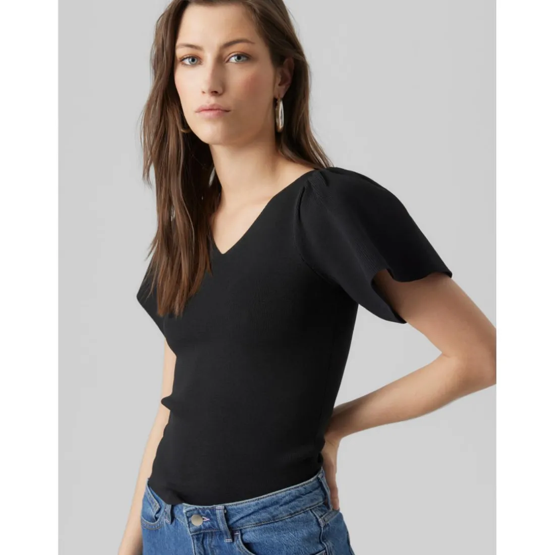 Pull en maille Col en V Manches courtes noir