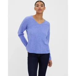Pull en maille Col en V Manches longues bleu Isla