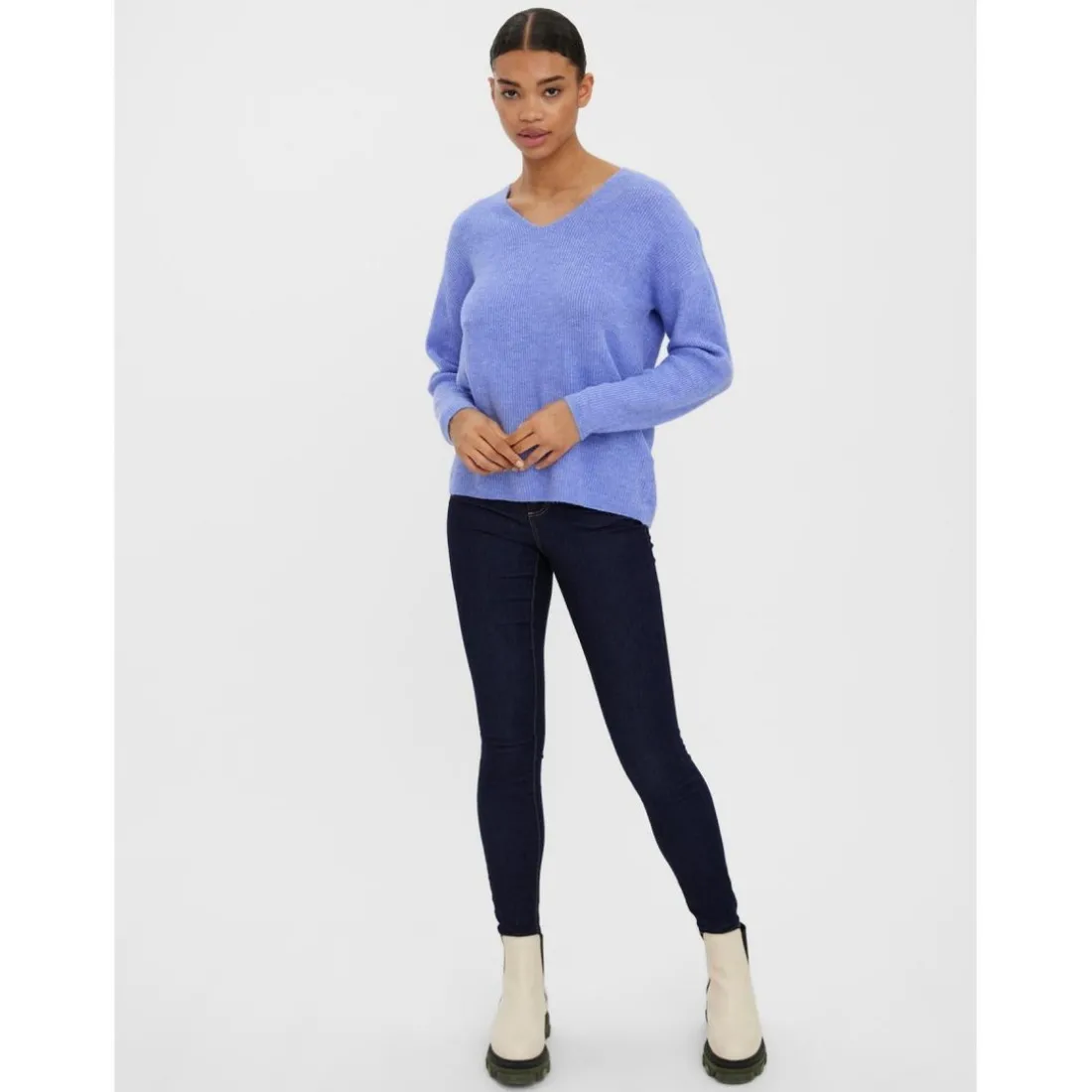 Pull en maille Col en V Manches longues bleu Isla