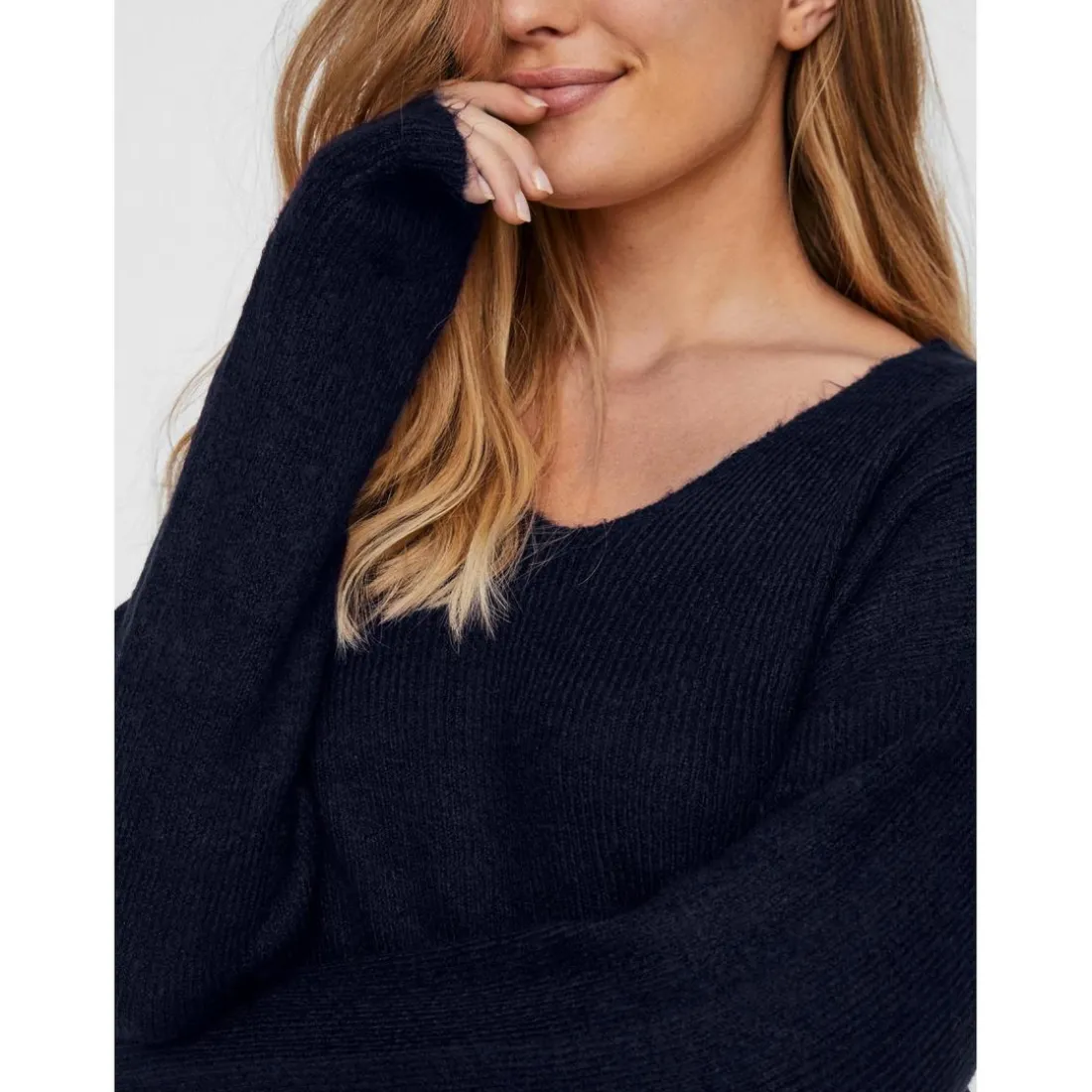Pull en maille Col en V Manches longues bleu Xia
