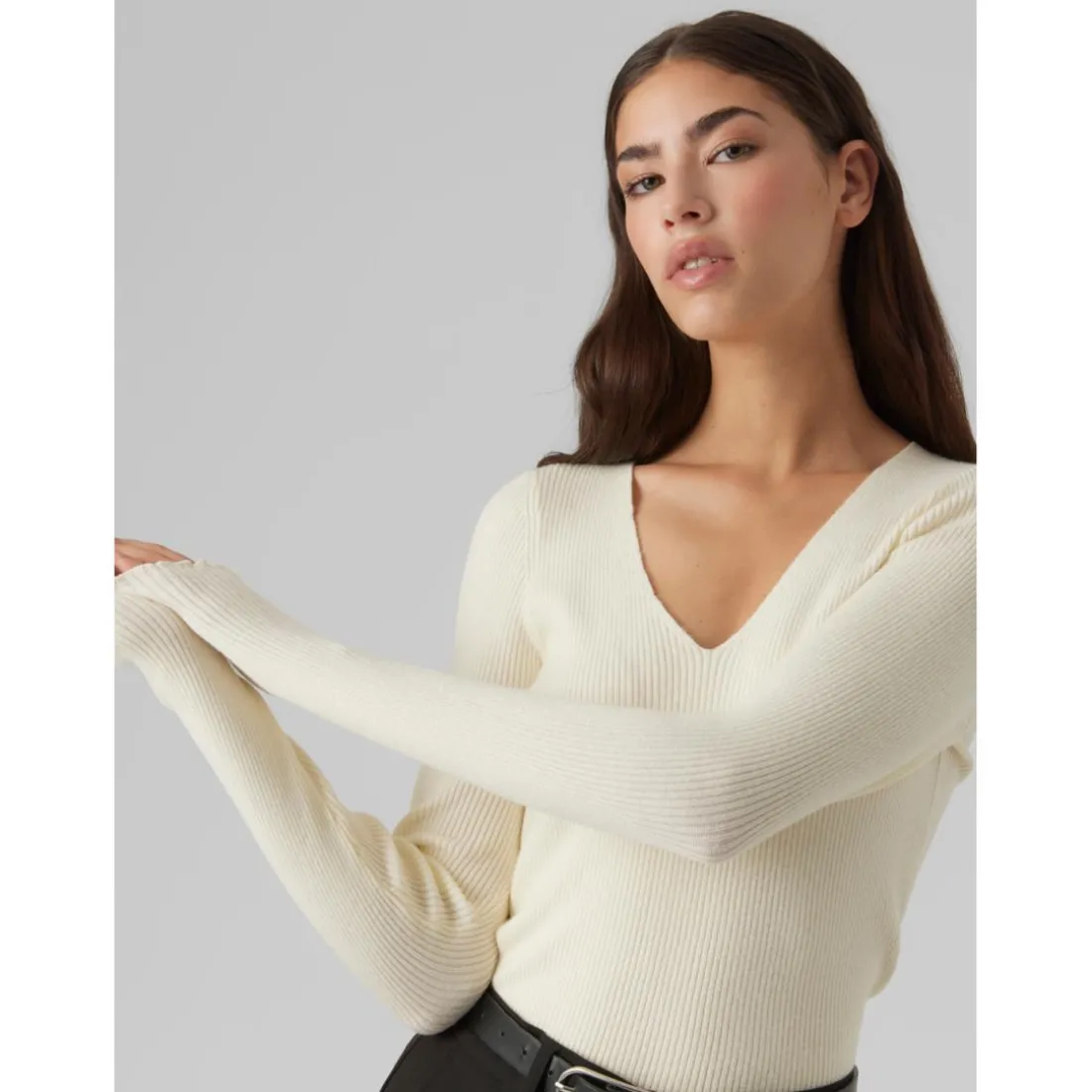 Pull en maille Col en V Manches longues gris Ana