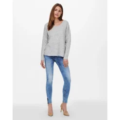 Pull en maille Col en V Manches longues Poignets côtelés gris Dot