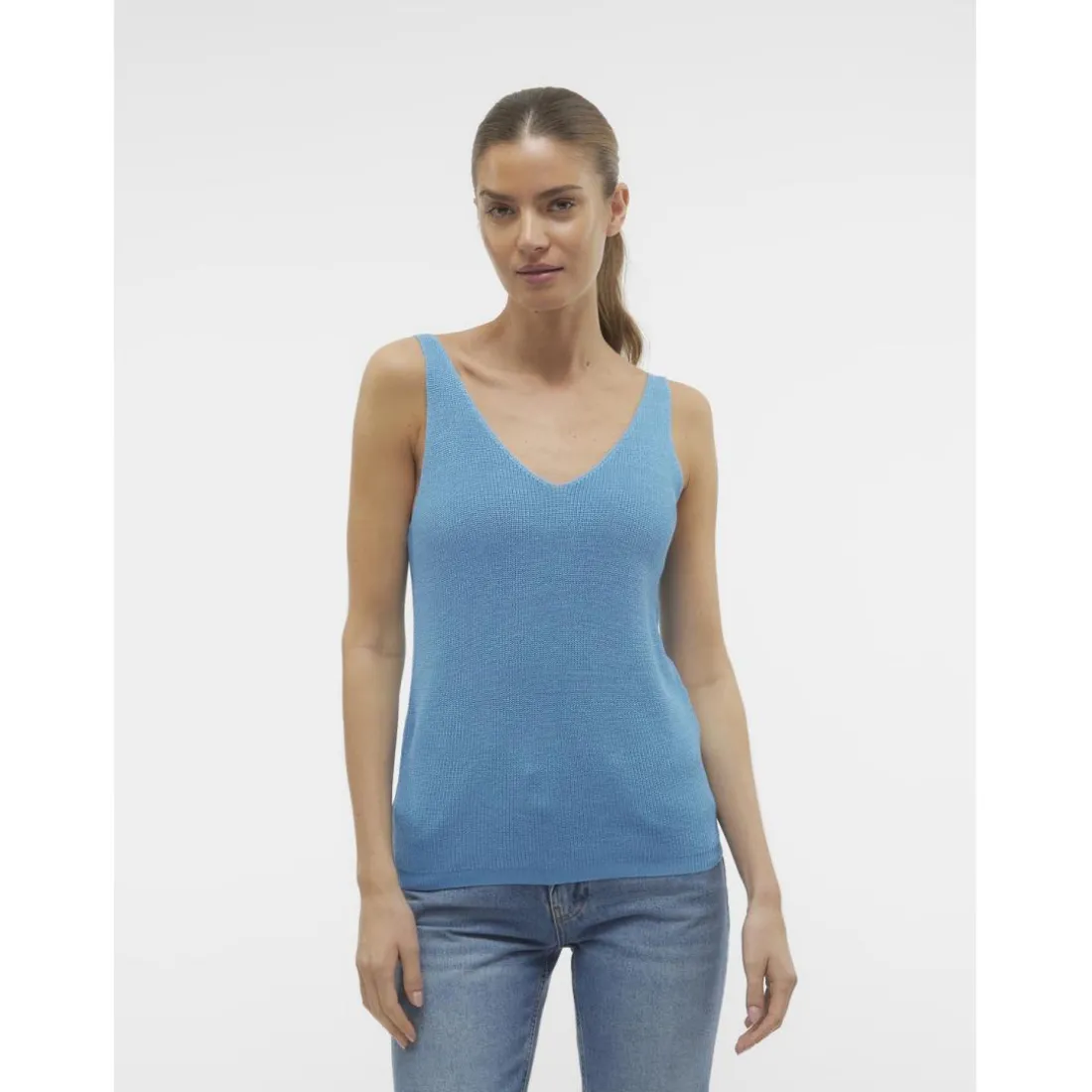 Pull en maille col en v sans manches bleu Maia