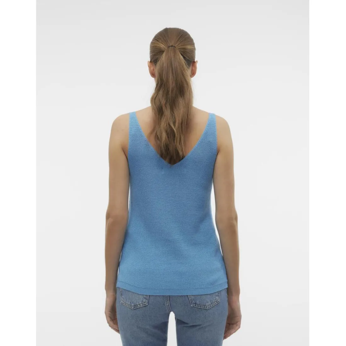 Pull en maille col en v sans manches bleu Maia