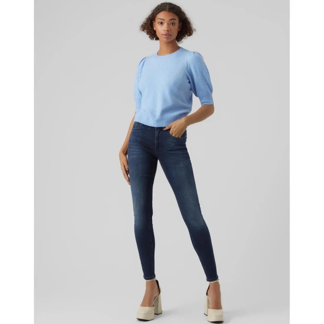 Pull en maille Col rond Manches 2/4 bleu