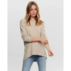 Pull en maille Col rond Manches longues Long beige