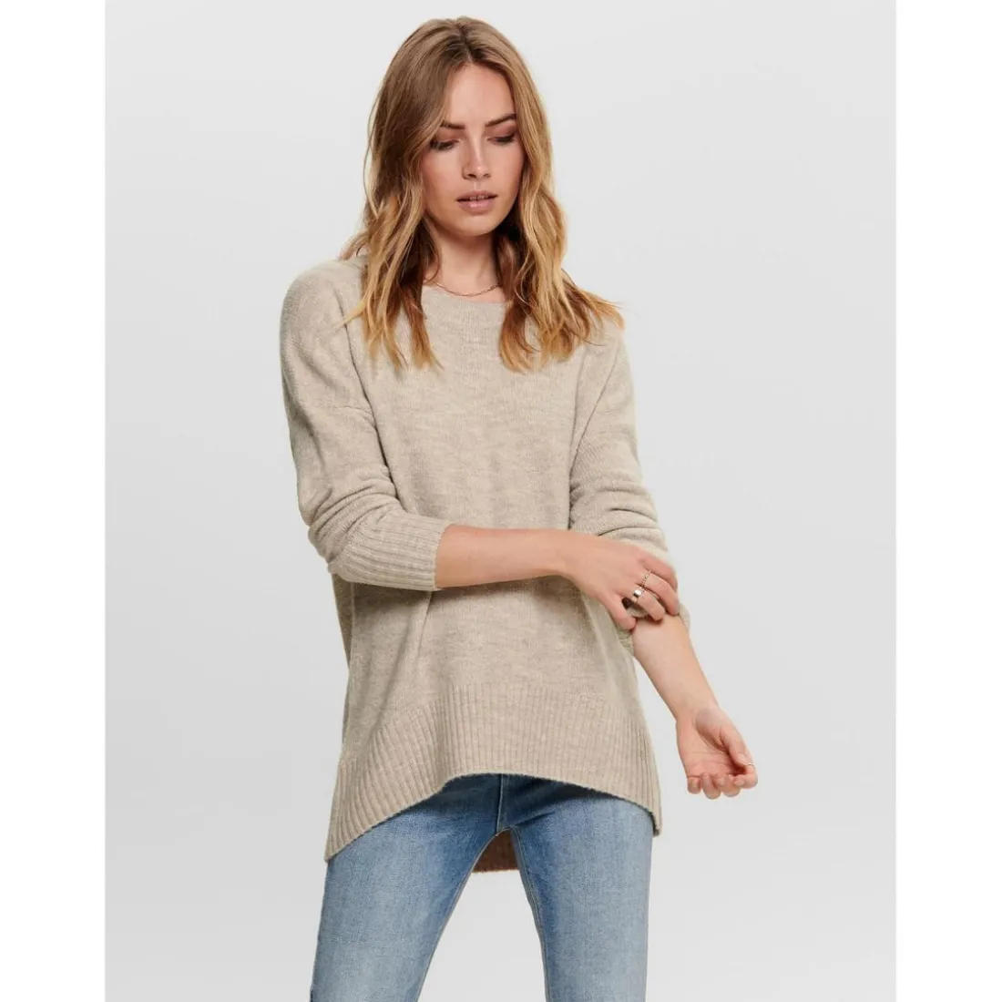 Pull en maille Col rond Manches longues Long beige