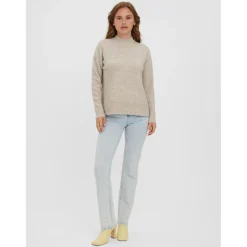Pull en maille Col rond Manches longues Ourlet bas beige gris