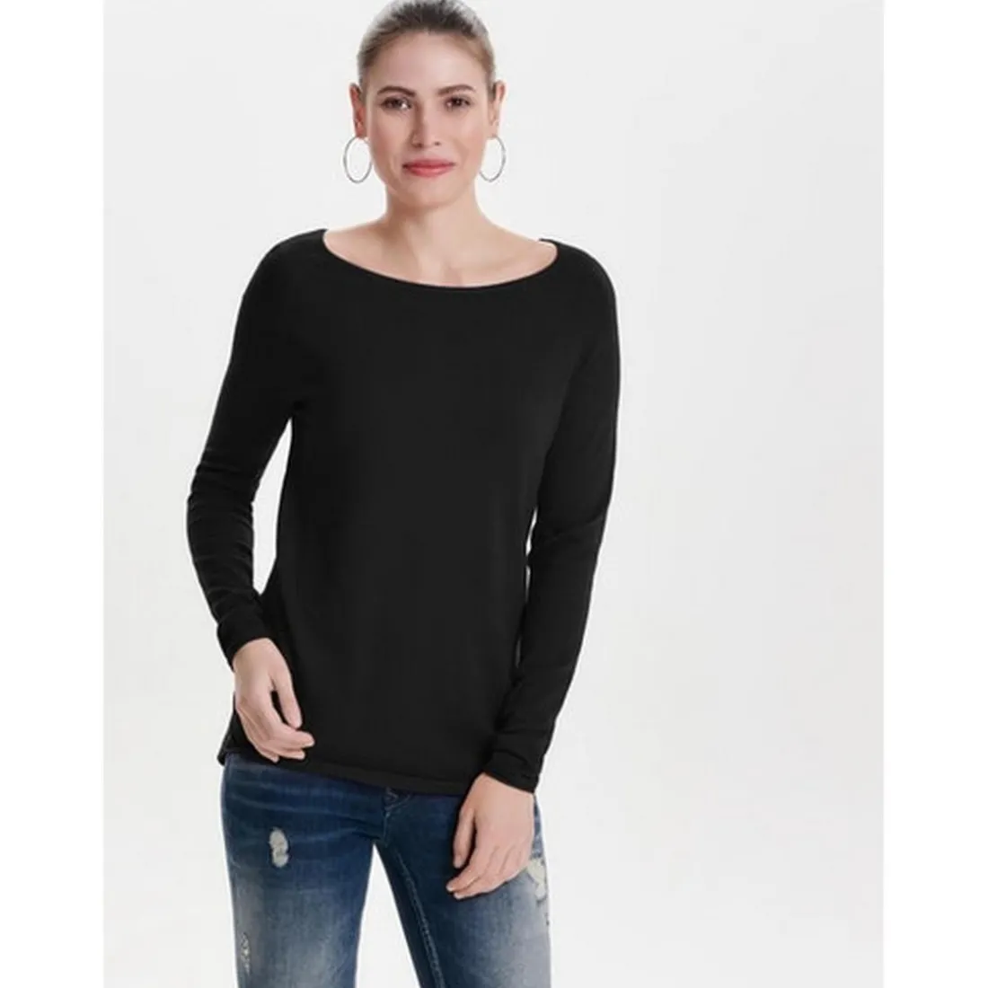 Pull en maille Col rond Manches longues Long noir