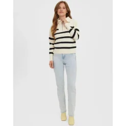 Pull en maille Rayures Col haut Manches longues beige gris
