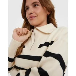 Pull en maille Rayures Col haut Manches longues beige gris