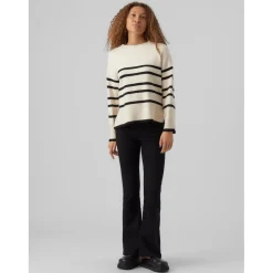 Pull en maille Rayures Col rond Manches longues Large beige gris Emma