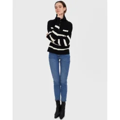 Pull en maille Rayures Col haut Manches longues noir Beth