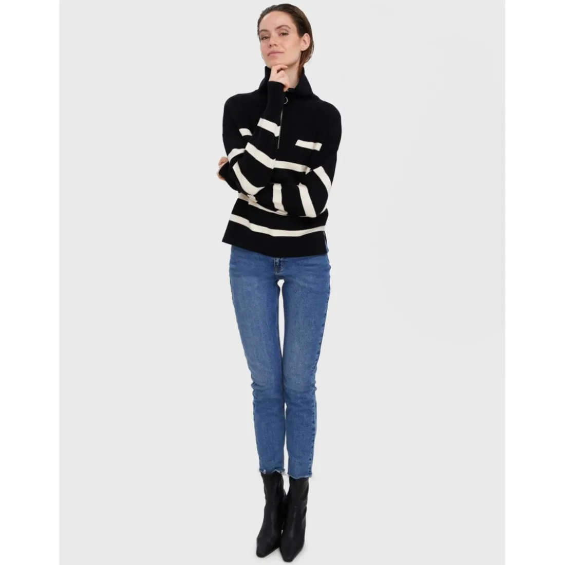 Pull en maille Rayures Col haut Manches longues noir Beth