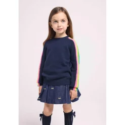 Pull enfant col rond bandes multicolores LUZ en cachemire bleu marine