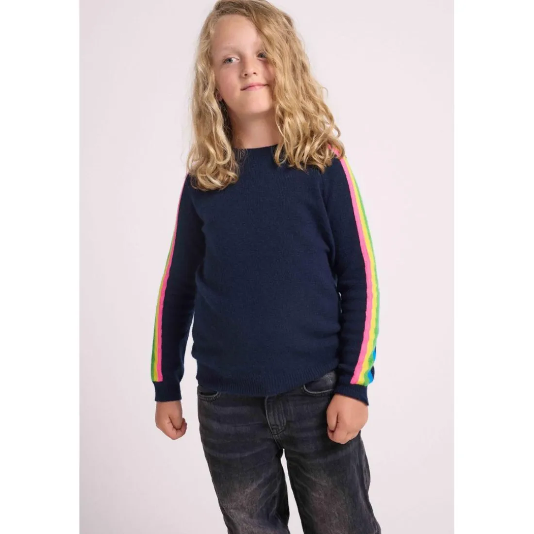 Pull enfant col rond bandes multicolores LUZ en cachemire bleu marine